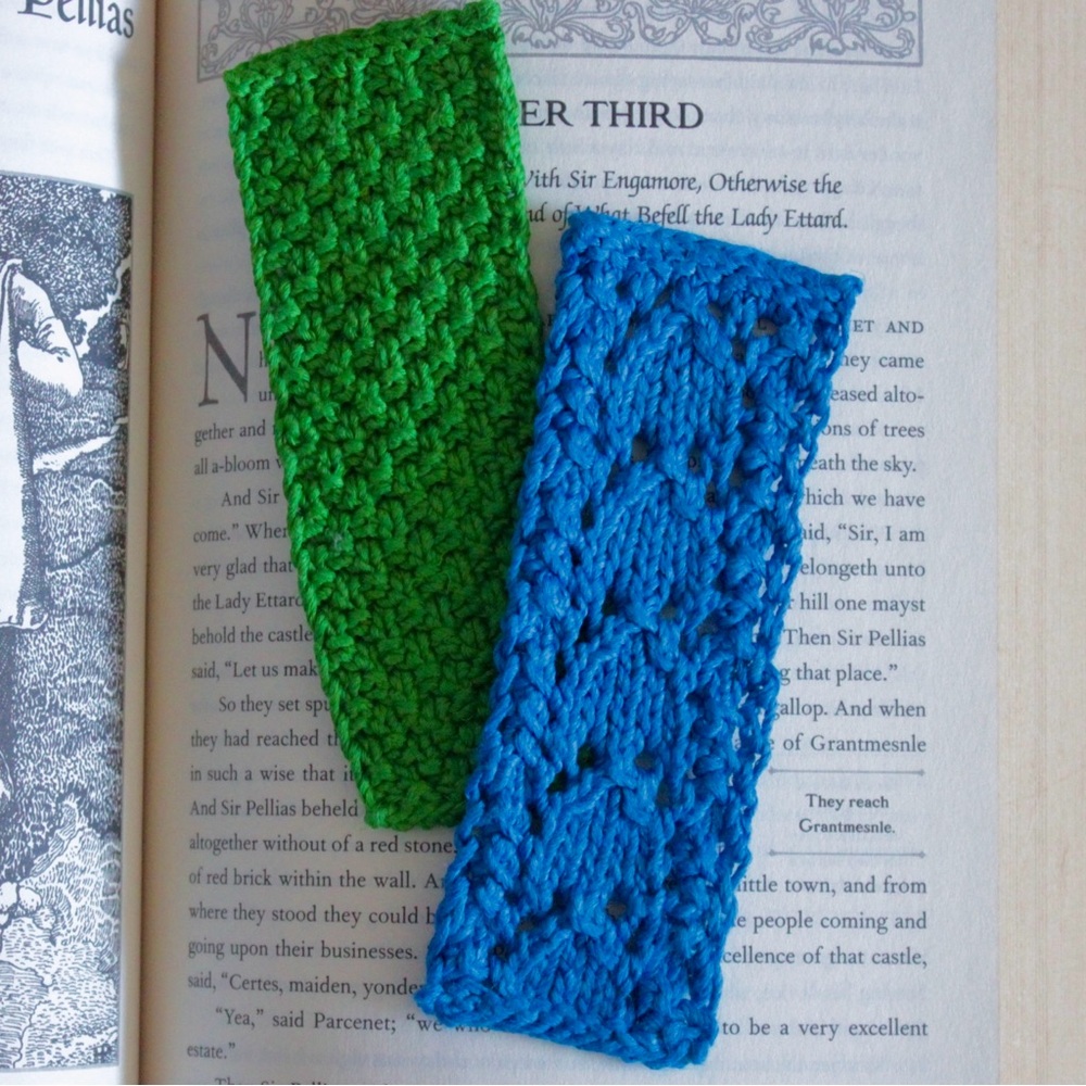 Set of Handmade Bamboo Knit Bookmarks in Snowdrop Lace and Irish Moss Stitch